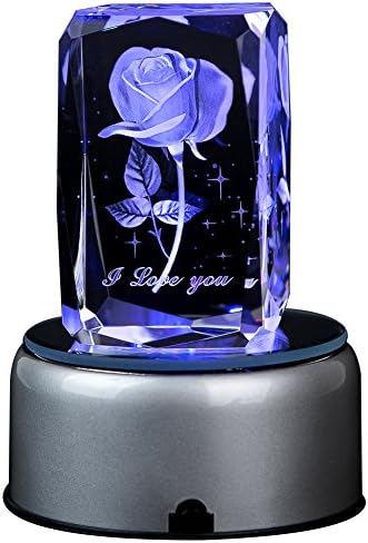 IFOLAINA Crystal Gift 3d Laser Crystal Subsurface Engraved Blooming Rose with Rotary LED Plastic Stand Fading Light Multicolor