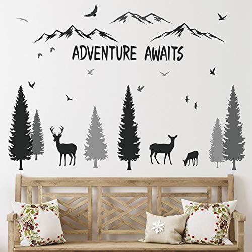 HONEYJOY Woodland Nursery Decor, Tree Wall Decals, Inspirational Quote Mountain Forest Animal Deer DIY Wall Stickers for Kids Room Decor Boys Living Room Bedroom
