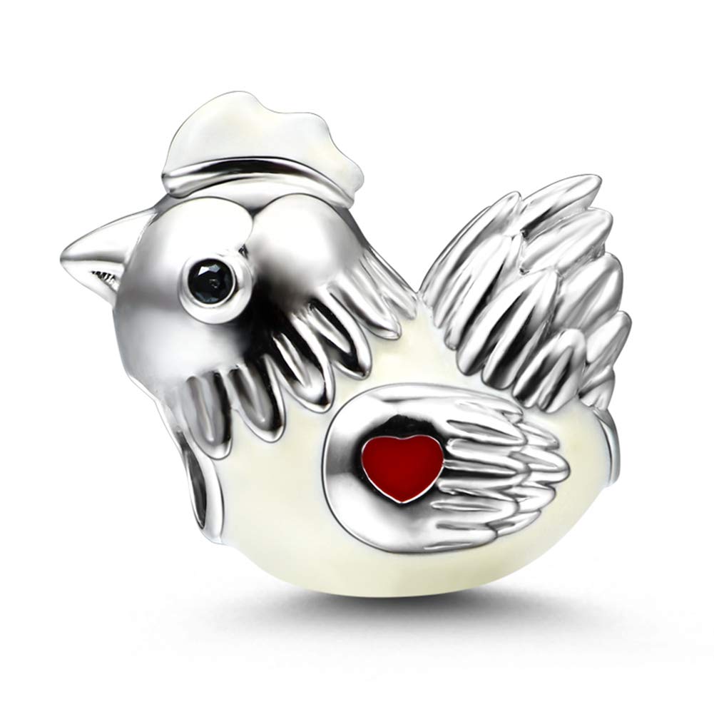 GNOCE Chicken Charm Bead Sterling Silver Diligent and Hard Working Zodiac Signs Animal Charm Bead Fit Bracelet/Necklace Jewelry Gift for Women Mens