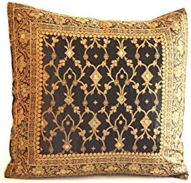 Embroidered Pillow Cover, hand stitched from original sari fabric and framed with an ornate embroidered border. Handmade in Rajasthan, India and Imported into the USA. (16x16", Black)