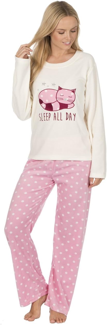 Nightwear Heaven Ladies Micro Fleece Pyjamas Christmas Animal Print Fox Cat Teddy Bear Pink Burgundy Cream Polka Star Size UK 8 10 12 14 16 18 20 22