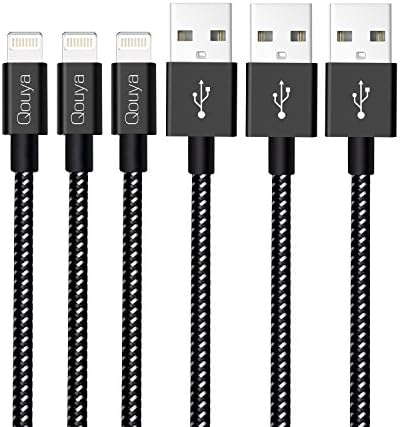 Qouya Lightning Cable 3Pack 10FT Black Nylon Braided cord for iPhone 7/7 Plus/6s/6s Plus/6/6Plus