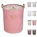 DOKEHOM 19.7-Inches Freestanding Laundry Basket with Lid, Collapsible Large Round Drawstring Clothes Hamper Storage with Leathe Handle (Pink Dots, L)