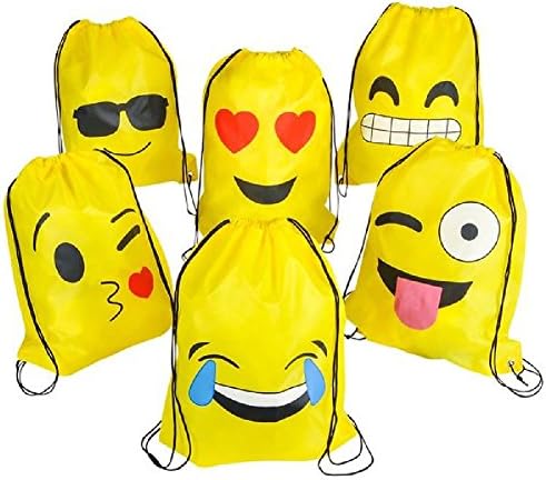 Novelty Treasures 6 Pack Durable Emoji Drawstring Backpacks - EXPRESSIVE Party Favor Bag