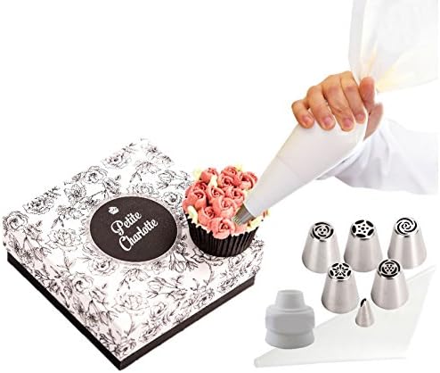 Russian Piping Tips Cake Decorating Set + Reusable Piping Bag by PETITE CHARLOTTE. Create Edible Birthday Cake Buttercream Flowers! Elegant Gift Box for Women, Bridesmaids, Anniversary, Mother's Day