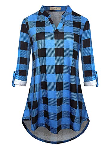 Luranee Fall Clothes for Women, Misses Tunic Tops for Leggings Half Sleeve Split V Neck Morden Slim Fit A Line Plaid Shirts Flattering Cute Ruched Blouse Soft Surrounding Warm Clothing Blue Medium