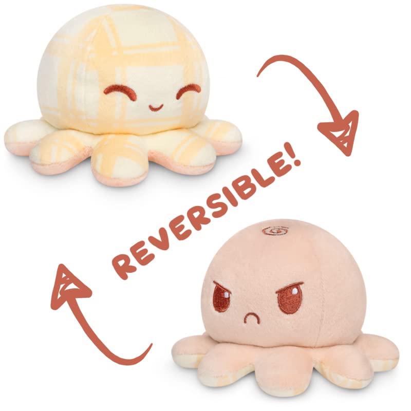 TeeTurtle - The Original Reversible Octopus Plushie - Tan Plaid + Peach - Cute Sensory Fidget Stuffed Animals That Show Your Mood 4 inch