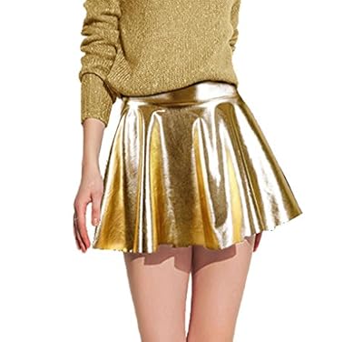 Women's Metallic Flared Pleated Shiny Liquid Wet Look Skater Skirt