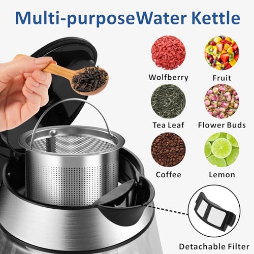 Electric Glass Water Kettle,1.7L Hot Water Boiler w/Filter, Blue LED Light | 2200W Tea Kettles with Stainless Steel Lid, Auto Shut-Off, Fast Boiling Transparent Heater Teapot for Home, Office, Kitchen