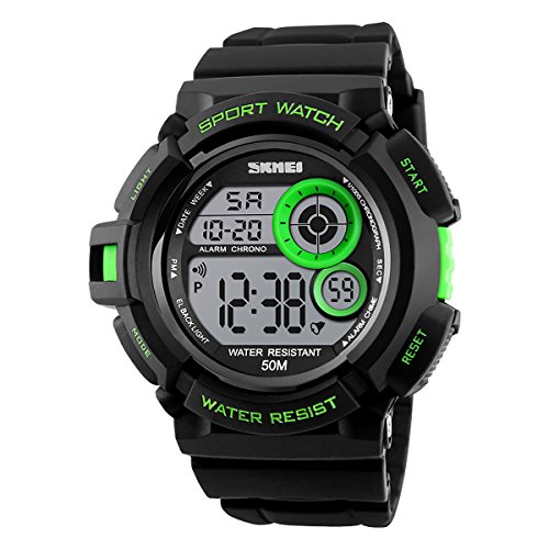 Men's Military 50M Waterproof 7 Color Led Sports Digital Electronic Watch with Rubber Band(Green)