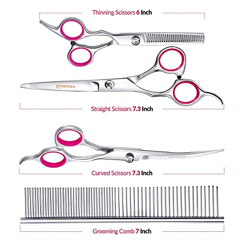 Gimars Titanium Coated Stainless Steel Pet Grooming Scissors Set – Thinning Straight Curved Shears, Comb, Oil and Cloth… - Image 3