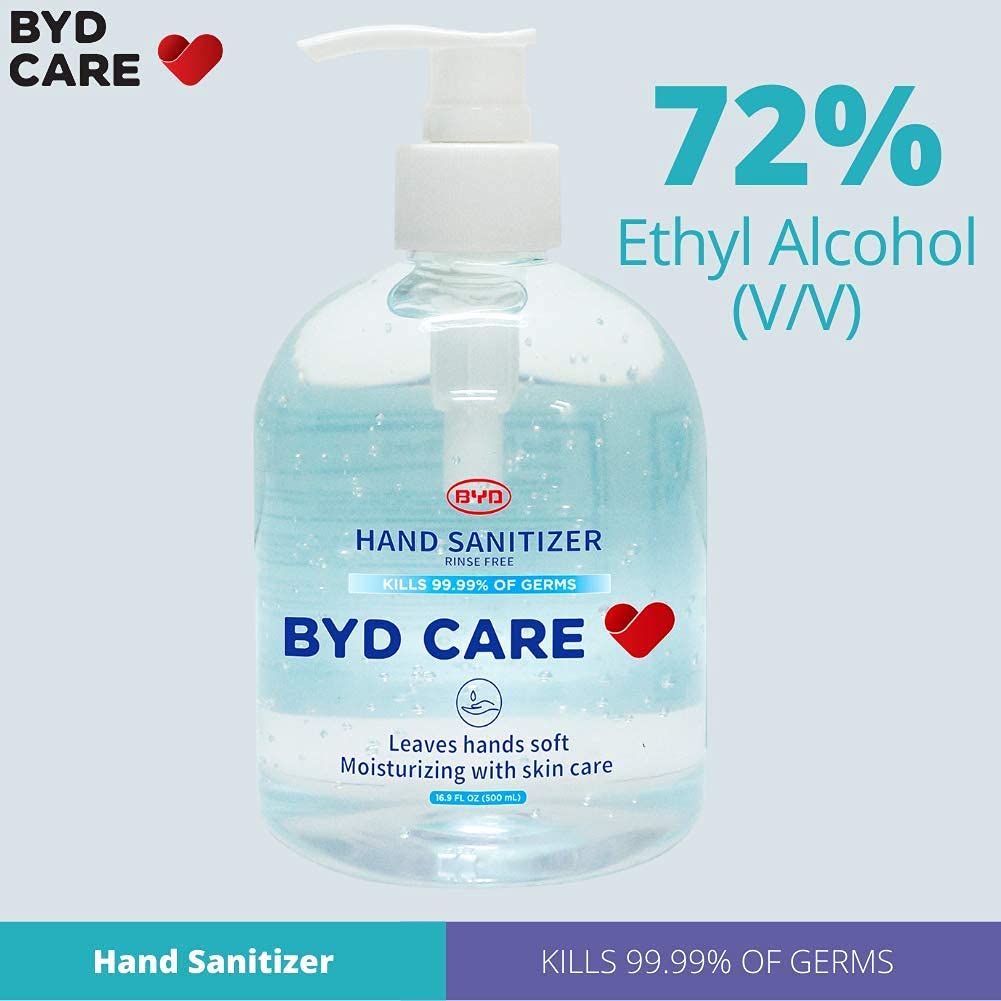 BYD CARE Hand Sanitizer With Pump 500ml (16.9 Oz) Value Pack, Box Of 4