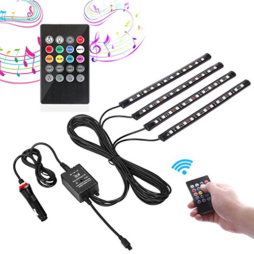Guaiboshi Car LED Strips Light with Music Sound Active Sensor 4PCS 48leds DC 12V Auto Multicolor Interior Atmosphere Lights/Underdash Lighting Kit, Cigarette Charger and Remote Included