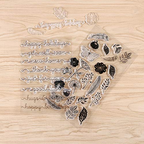 2 Sets Clear Stamps for Cards Making, Kissbuty Flowers Leaves Words Just for You Happy Birthday Thank You Silicone Stamps Blessing Words Decorative Clear Stamps for Card Decoration and Scrapbooking - Thumbnail 2