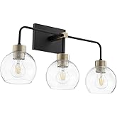 Quorum International Lacy 3-Light Vanity Light | Black and Aged Brass Finish | Clear Seeded Glass | Soft Contemporary Bathroo