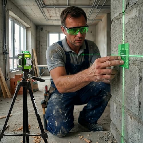 Huepar Kreuzlinienlaser 360 grün, Kompakt wiederaufladbar Laser Wasserwaage mit 152 cm Stativ, Professioneller 3D-Nivelliergerät mit starker Magnethalterung für Bauarbeiten ST03CG