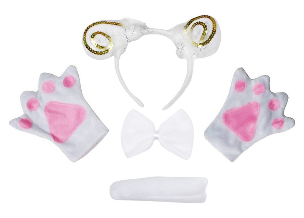 Petitebelle Sheep Headband Bowtie Tail Gloves 4pc Children Costume 1-10y (White/Gold Sequins, 1-5 Years)