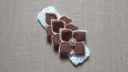 Baby Girl Headband, Kanzashi Flower, Pearl Rhinestone, Tan and Brown
