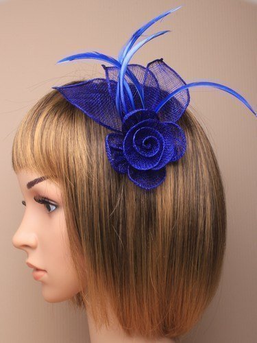 Stunning Royal Blue Fascinator in neat hessian and feather with clip and brooch pin for special occasions by fascinator