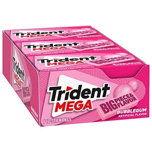 TRIDENT MEGA BUBBLEGUM SUGAR-FREE CHEWING GUM, 9 PACKS OF 10 PIECES (90 TOTAL PIECES)