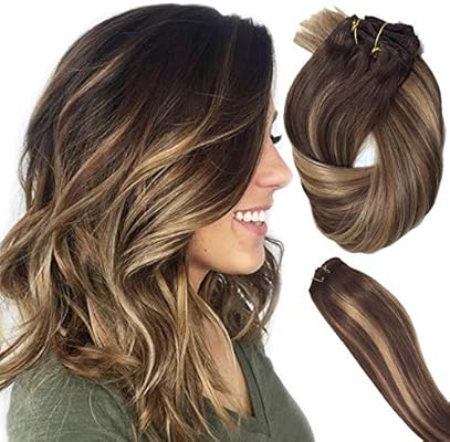 Human Hair Clip In Hair Extensions Brown To Strawberry Blonde