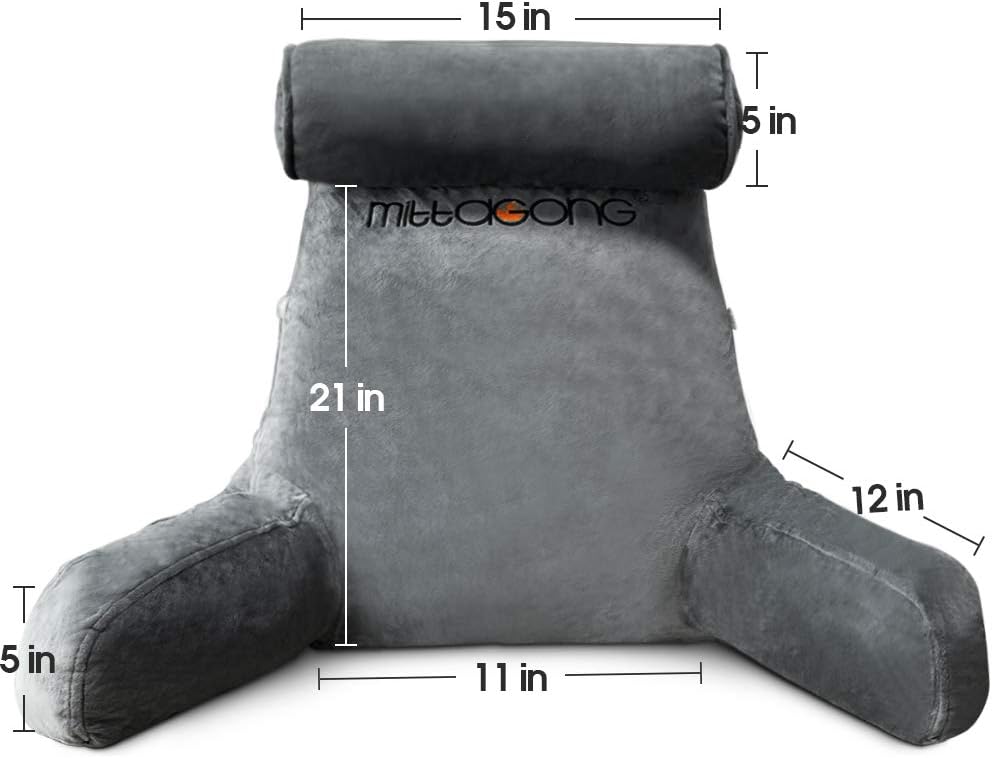 mittaGonG Shredded Foam Reading Pillow with Detachable Neck Roll & Big Bed Backrest Pillow for Bed with Arms and Side Pocket - Perfect for Back Support While Relaxing, Gaming, Reading, or Watching TV: Home & Kitchen
