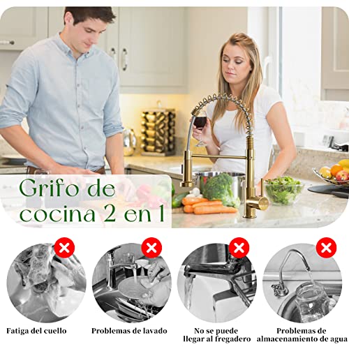 BLYLUND Grifo de Cocina Dorado, Grifo Monomando de Latón para Fregadero de Cocina con Rociador Extraíble de 2 Vías Caliente y Frío, Oro