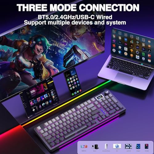 AULA S98 Pro Gaming Keyboard Wireless Mechanical Creamy Keyboard with Screen & Knob, 2.4GHz/USB-C/BT5.0 Hot Swappable, Pre-lubed Linear Switches,Side Printed PBT Keycaps,RGB Backlit Bluetooth Keyboard