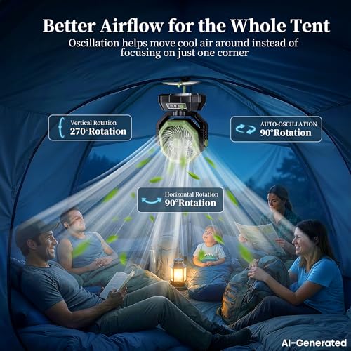 AJVV Camping Fan, Oscillating Battery Powered Portable Rechargeable Hanging Tent Fan with Light and Remote for Camp, Outdoor, Emergency Power Outage, Fishing, RV Travel, Green