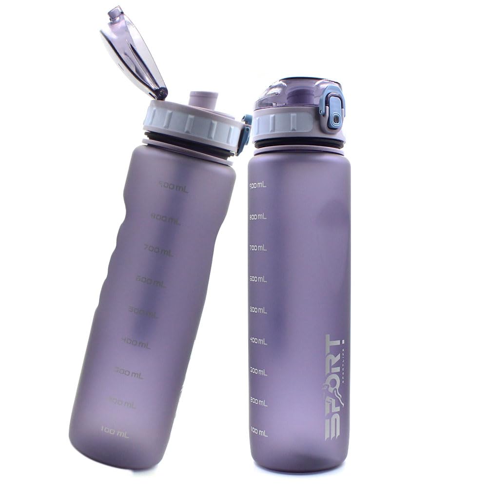 JIADEXIN Sports Bottle 1 pcs Leak Proof Drinking Water Bottle with Capacity Scale with Carrying Strap Flip-Top Gradient Frosted Water Bottle Plastic Purple 1000Ml for Sports