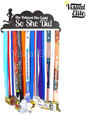Visual Elite Female Medal Display Hanger - Showcase All Your Medals On One Rack - BONUS Mounting Hardware Included (Hanger Wording: She Believed She Could, So She Did)