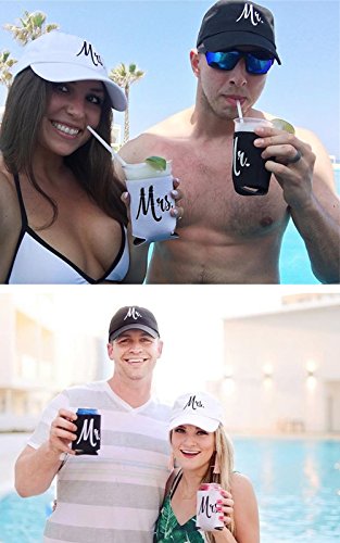 Mr. & Mrs. | Matching Newlywed Wedding Baseball Caps and Beer Holder (Coolie)