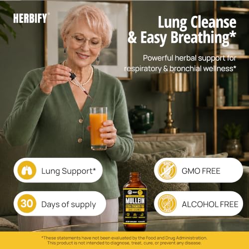 HERBIFY Mullein Drops - Lung Cleanse - Leaf Extract - Powerful Mullein for Immune Support,Detox & Respiratory Support - Made in USA - Lung Cleanse for Smokers - 4 Oz