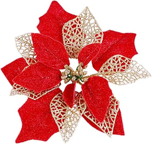 MSOLA (Pack of 12 Christmas Tree Flower Glitter Poinsettia Ornaments Decorations (Red)