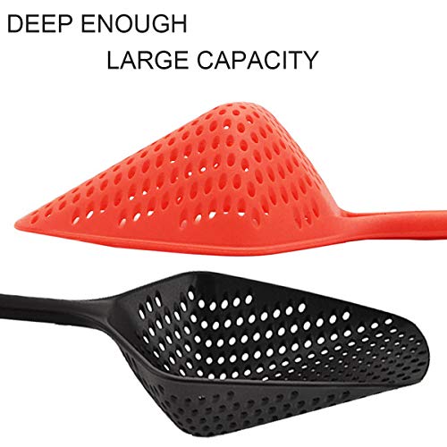 SKEMIX Kitchen Nylon Strainer Scoop Colander, Skimmer Spoon with Long Handle, Drain Shovel Strainers, Water Leaking Shovels Ice Shovel Colanders - Pack of 2 (Red and Black)) - Thumbnail 4