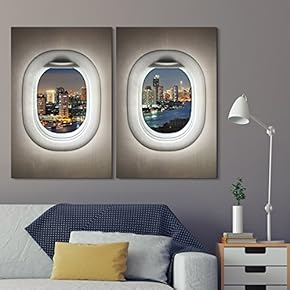 2 Panel City Scape at Dawn Window View...