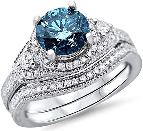 AONEW Women Wedding Band Engagement Ring Set White Gold 1.5ct Round Aquamarine Cz Size 6-10