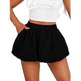 ChiaoLezhee Mini Bubble Shorts with Pockets, High Waisted Wide Leg, Loose Fit Casual Comfy, Ruffle Bloomers for Women