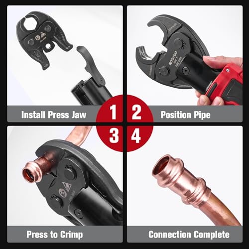ROGVOC ProPress Tool, 18V Copper Pipe Crimper with 3 VUS Jaws | Includes 1/2, 3/4 and 1 inch jaws, two 2 Ah batteries, fast charger and carrying case