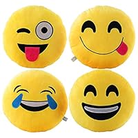 VicLabs New Fashionable Cute Smiley Emoticon Emoji Pillow ,Large Emoji Pillows 4 Piece Set,for Kids and Young Ladies, ( Dia 12.5 Inch, Yellow Throw Emoji Pillow)