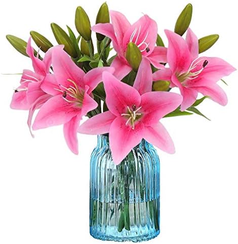 Kyrieval 5pcs Artificial Flowers, Full Bloom Real Touch Lily Flowers for Home Decor, Wedding, Parties, Offices, Restaurants (Deep-pink)