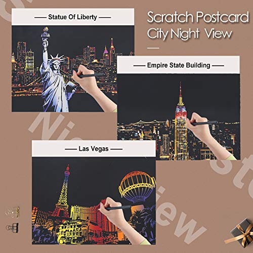 Koogel Kratzbilder, 16 Baltt 200 x 140 mm Scratch Paiting Paper Architektur Wandbild DIY Beschichtete Bunte Kratzpapier mit Werkzeug Set