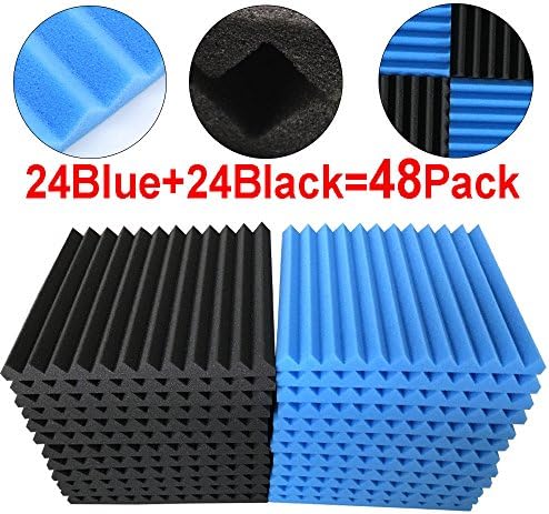Acoustic Foam Panels,(48 Pack) Acoustic Foam Panel Studio Soundproofing Wall Tile Decoration 12"X12"X1" (Blue & Black)