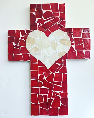 Handcrafted Mosaic Red with Ivory Heart Wall Cross