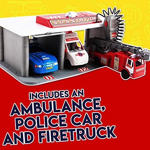 WolVol Emergency 3-Vehicle Garage w/ Pretend Radio & Sounds - Portable Utility Vehicle Station - Ideal Gift for Boys & Girls