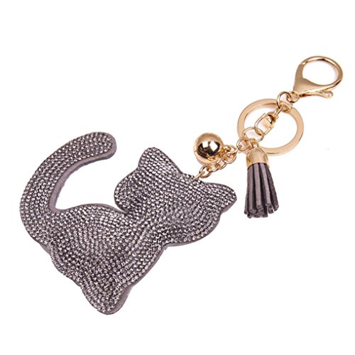SUPPION Rhinestone Tassel Cat Keychain Bag Charm Pendant Key Ring (Gray)