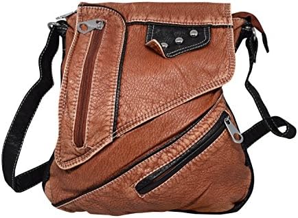 Womens Cross Body Messenger Bag Purse with Stonewashed Look and Adjustable Strap (Brown)