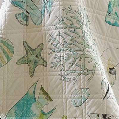 Levtex Home - Biscayne Quilt Set -Twin Quilt + One Standard Pillow Sham - Tropical Fish in Aqua Green Coral - Quilt Size… 51QiQUiq3wL