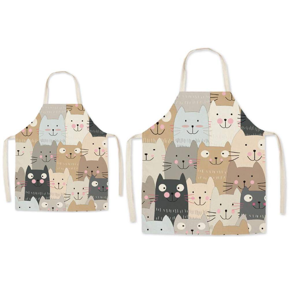 Eyand Parent and Child Apron for Cooking - Super Cute Pattern Linen Kitchen Apron for Mom Kids, Cooking Painting Gardening Apron(Cat)