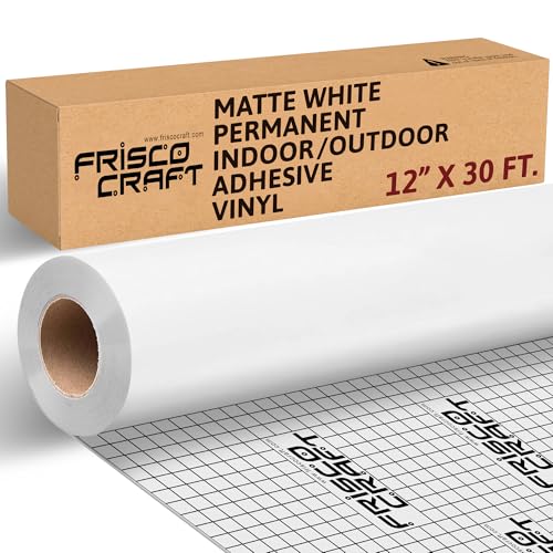 Frisco Craft Matte White Permanent Vinyl Roll - Permanent Outdoor Vinyl, Water & Weather-Resistant with Siliconized Backing - Adhesive White (12